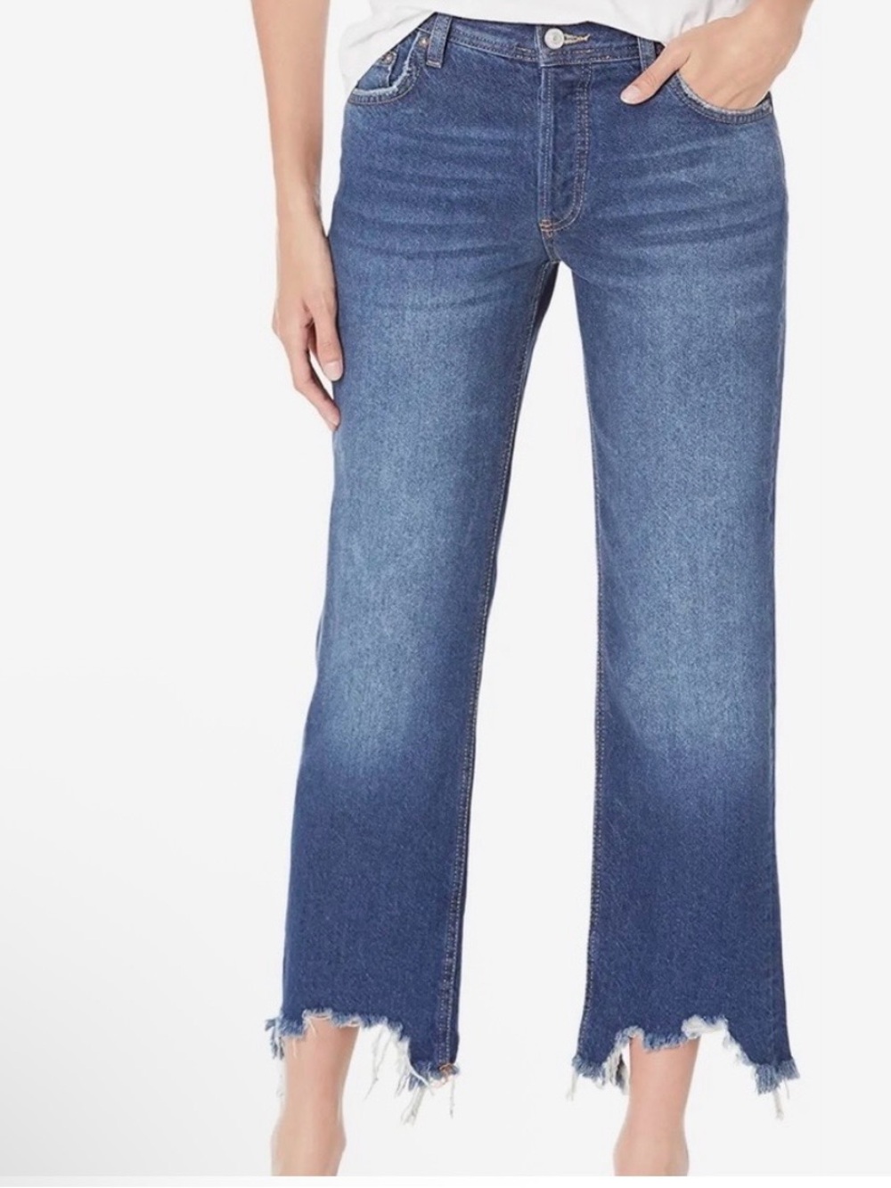 Free People We The Free Washed Blue Cropped Raw-Hem Straight Jeans